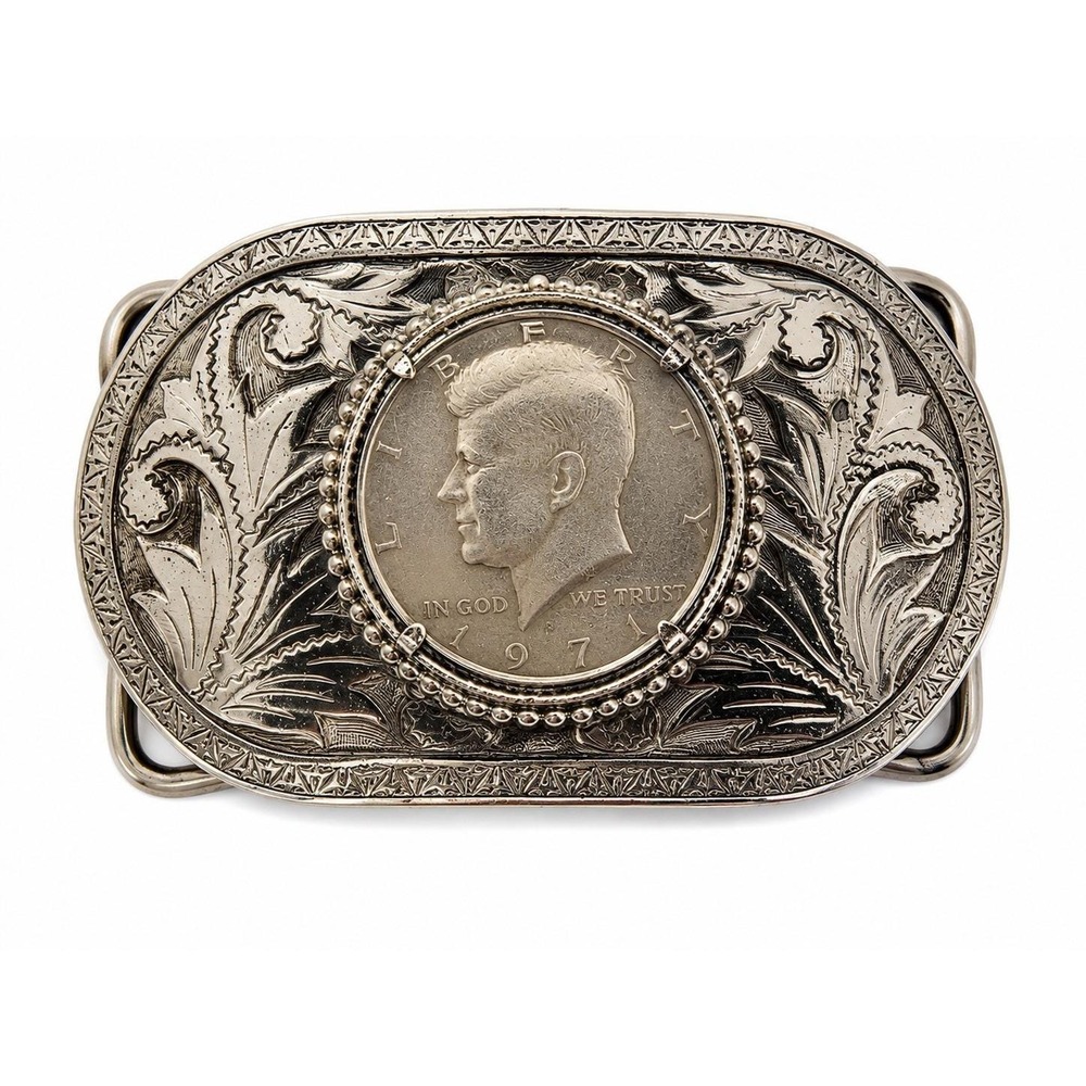 Western Belt Buckle 1971 Kennedy Half Dollar Coin Floral Engraved Vintage